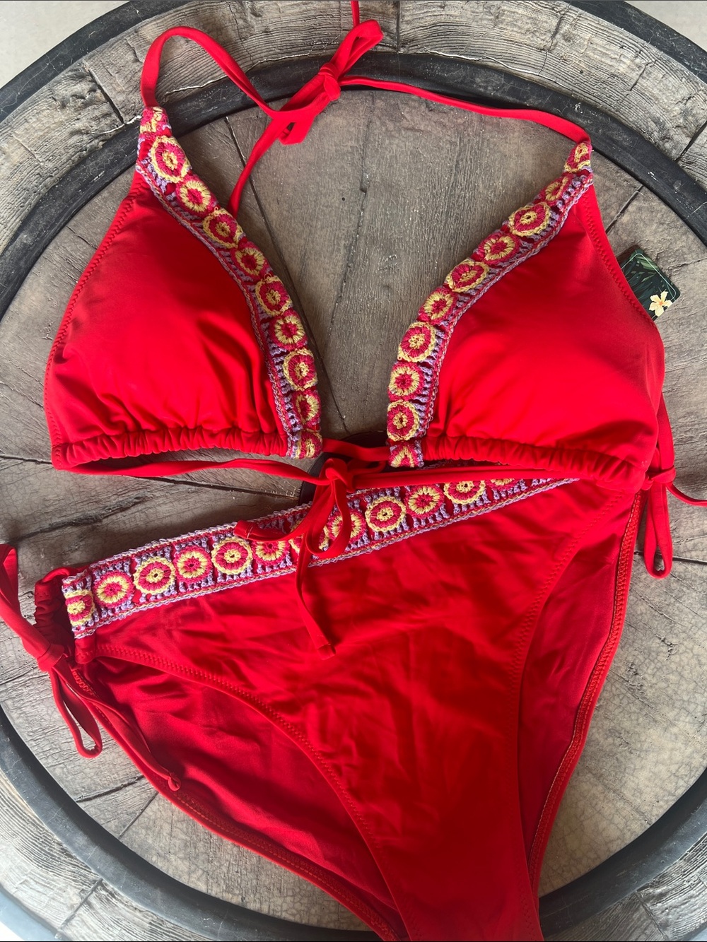 Outstanding Red Crochet-Trim Tie Bikini Set - Women's Swimwear XL B6